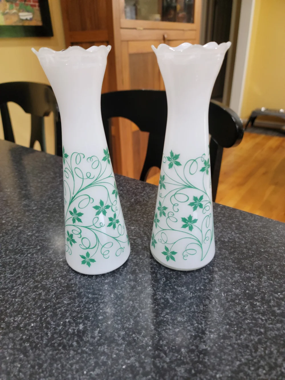 Vintage White Milk Glass Bud Vases Pair Green Floral  Scalloped Rim Glossy